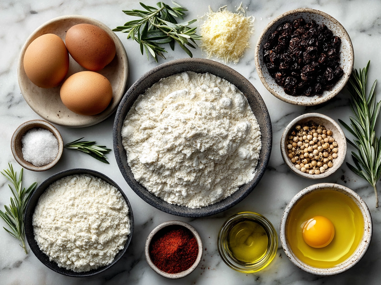 Ingredients for Sourdough Discard Focaccia Pizza including sourdough discard, flour, yeast, rosemary, and olive oil