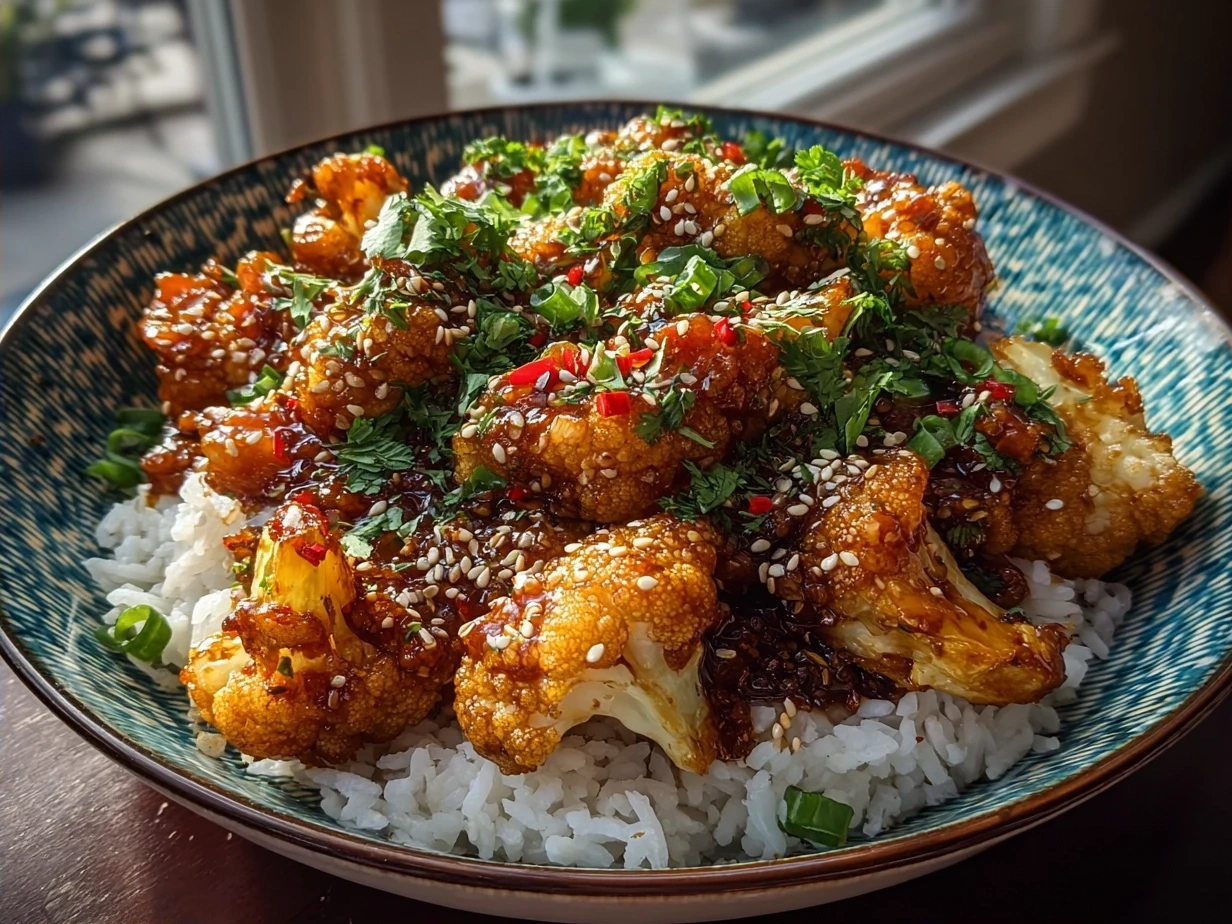 Spicy Korean Cauliflower plated with garnishes