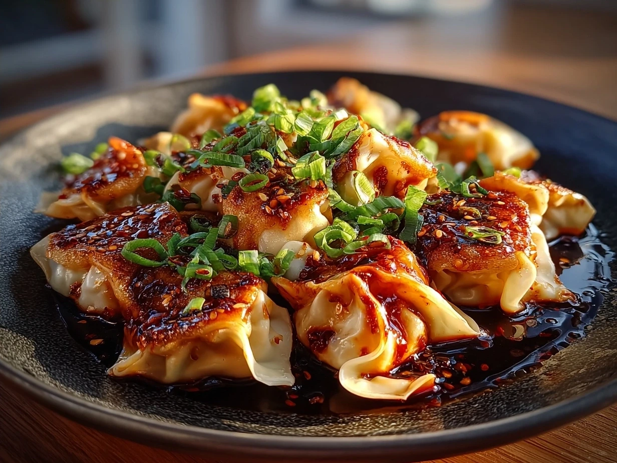 A bowl of Spicy Wontons in Chilli Sauce garnished with chopped green onions and chili oil, ready to eat.
