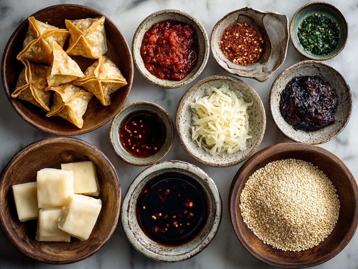 Ingredients laid out for Spicy Wontons in Chilli Sauce including wonton wrappers, ground pork, green onions, garlic, ginger, chili oil, and spices.