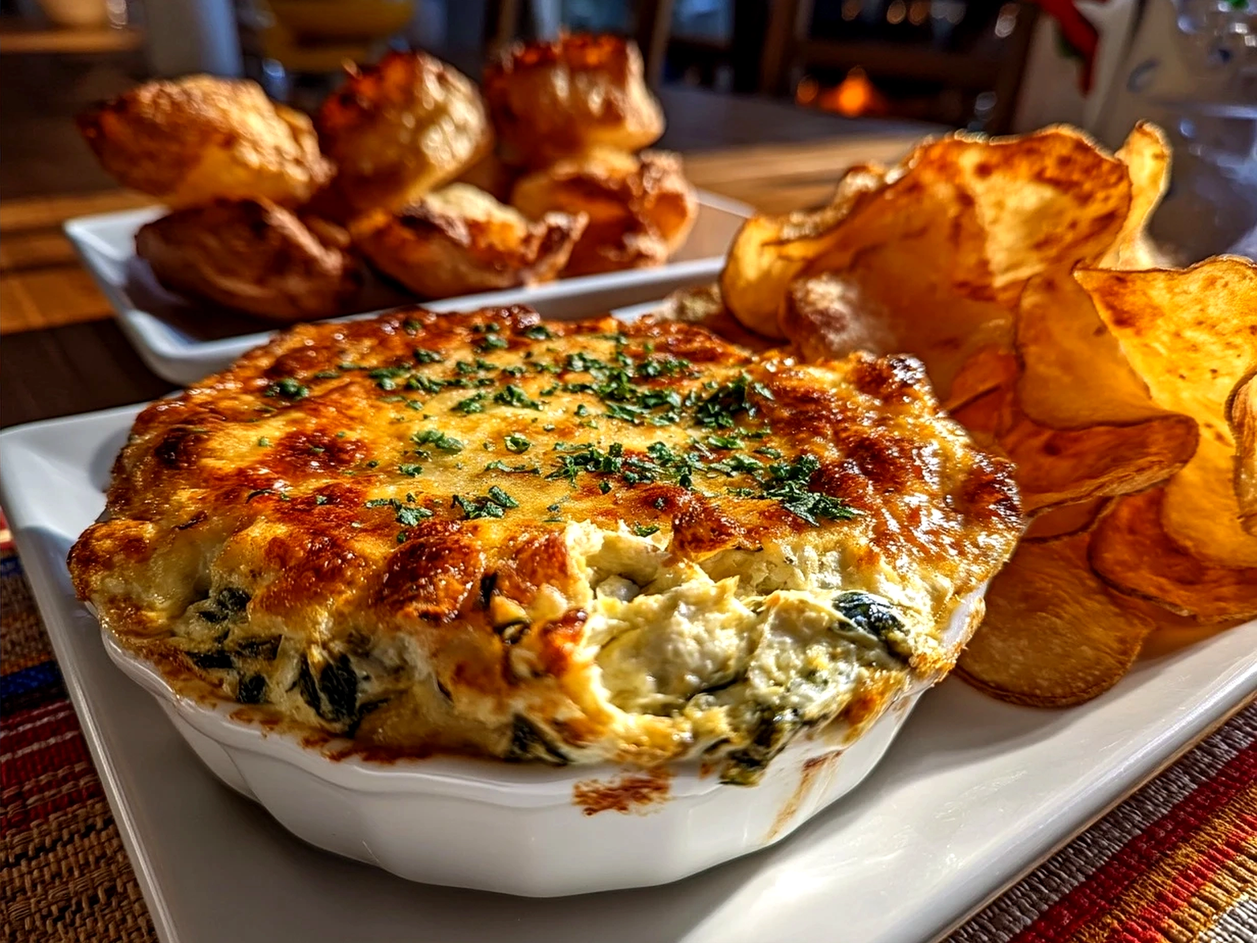 Baked Spinach and Artichoke Dip served with pita chips and fresh veggies