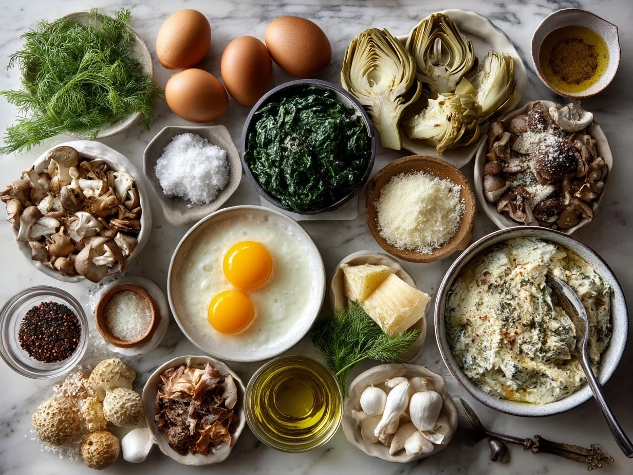 Ingredients for Spinach and Artichoke Dip laid out for preparation