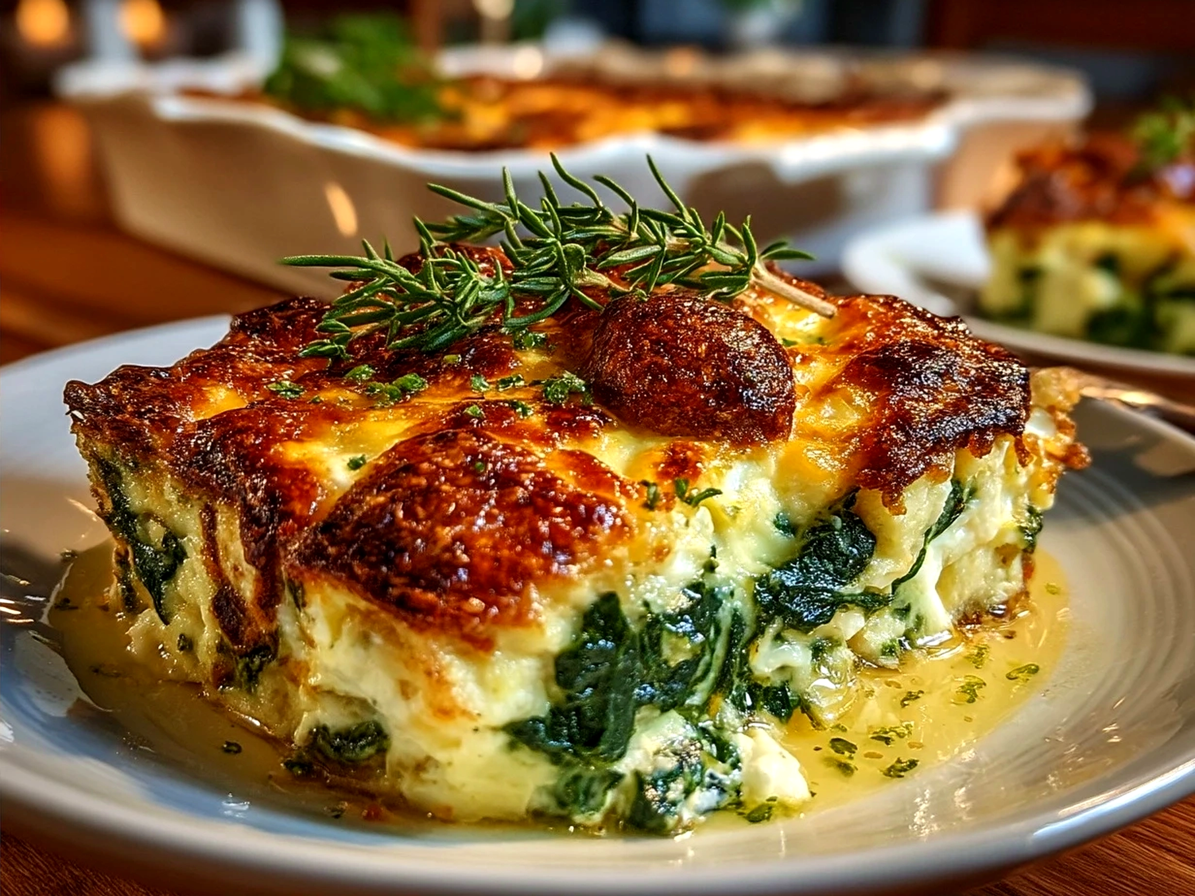 Creamy spinach casserole served on a plate with side dishes