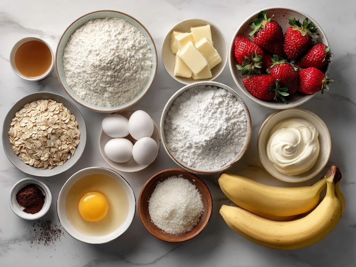 Ingredients for Strawberry Banana Pudding Dream laid out on a table