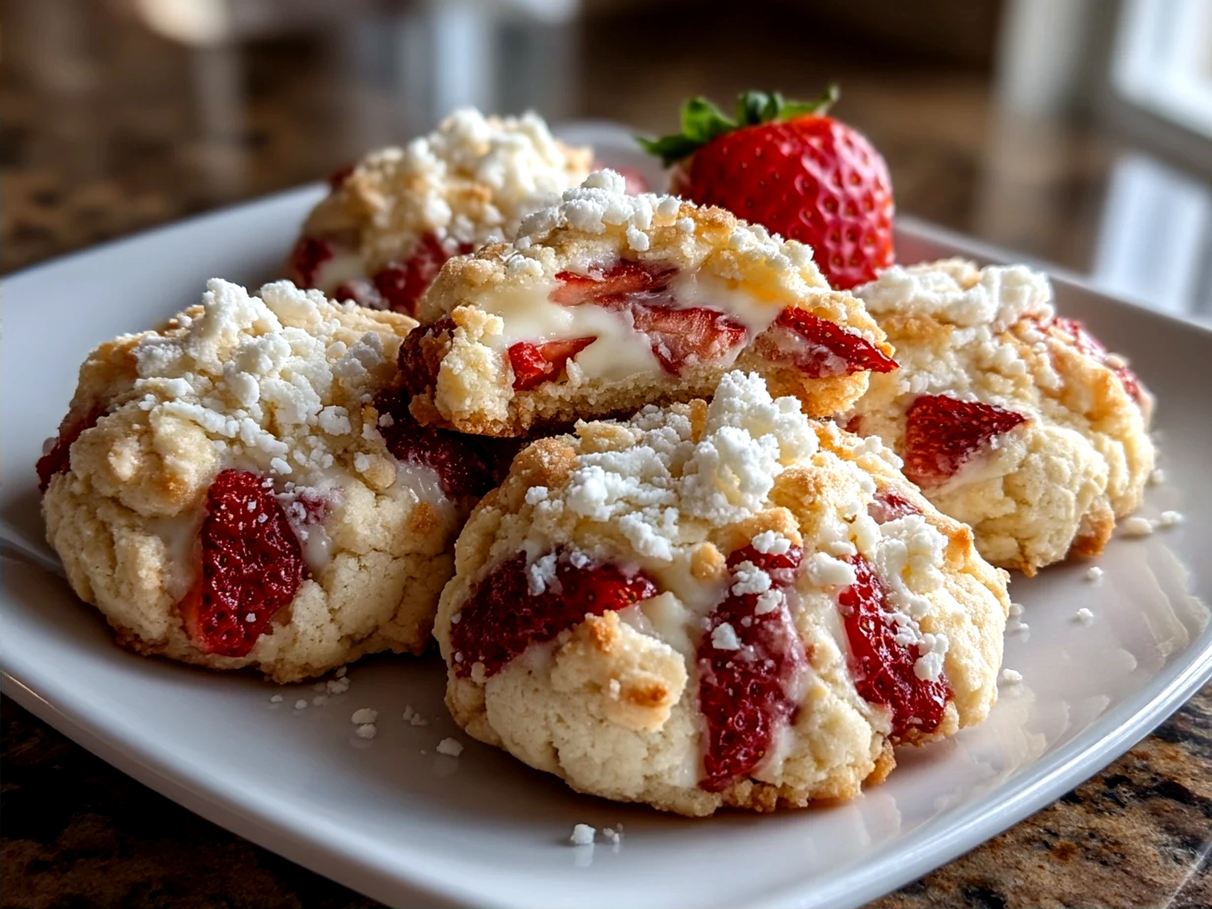 Freshly baked Strawberry Cheesecake Stuffed Cookies served with a scoop of ice cream