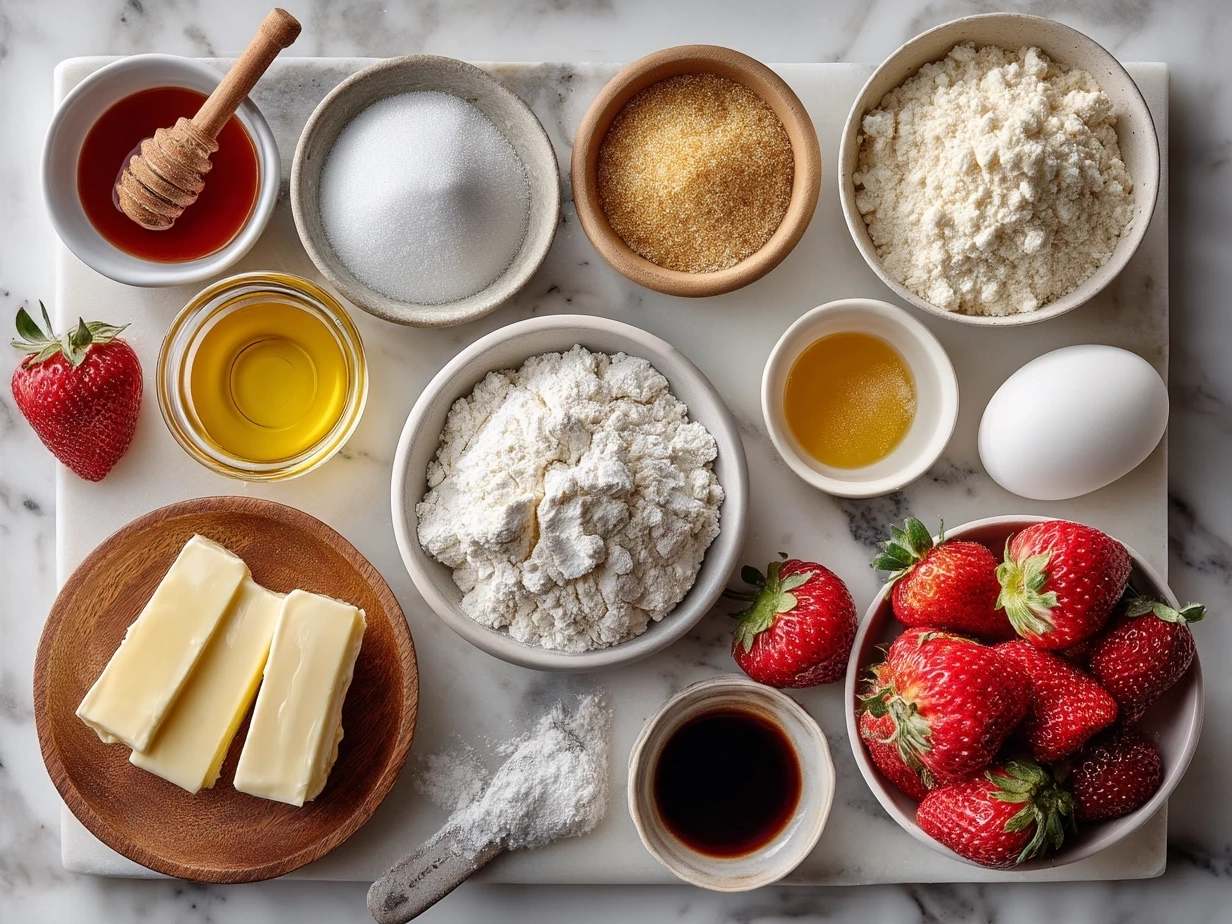 Ingredients for Strawberry Cheesecake Stuffed Cookies including cream cheese, butter, sugar, eggs, flour, and strawberry jam