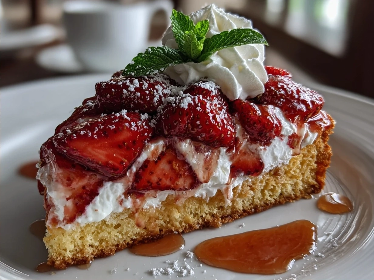 A finished Strawberry Shortcake dessert on a white plate with fresh strawberries and whipped cream