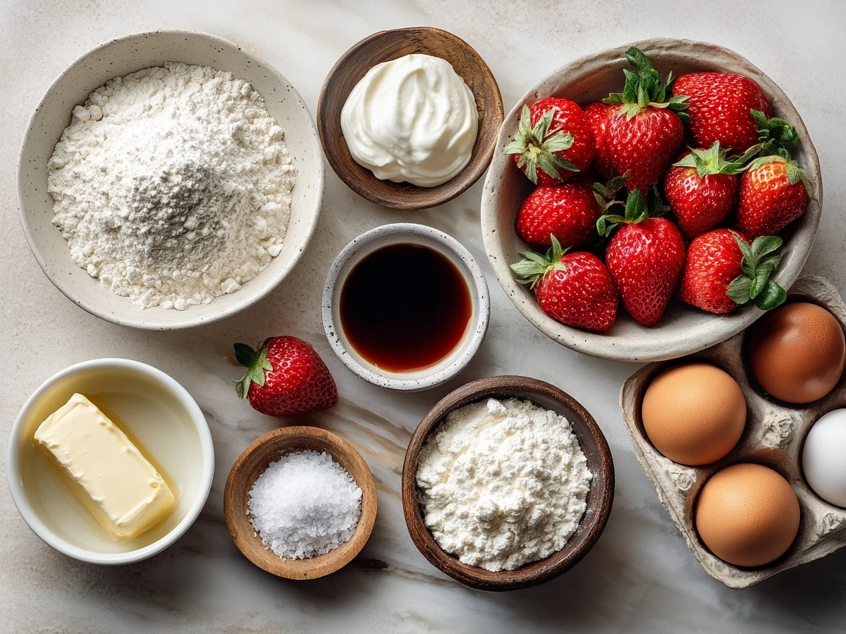 Ingredients for Strawberry Shortcake on a wooden table with fresh strawberries, flour, sugar, butter, and cream