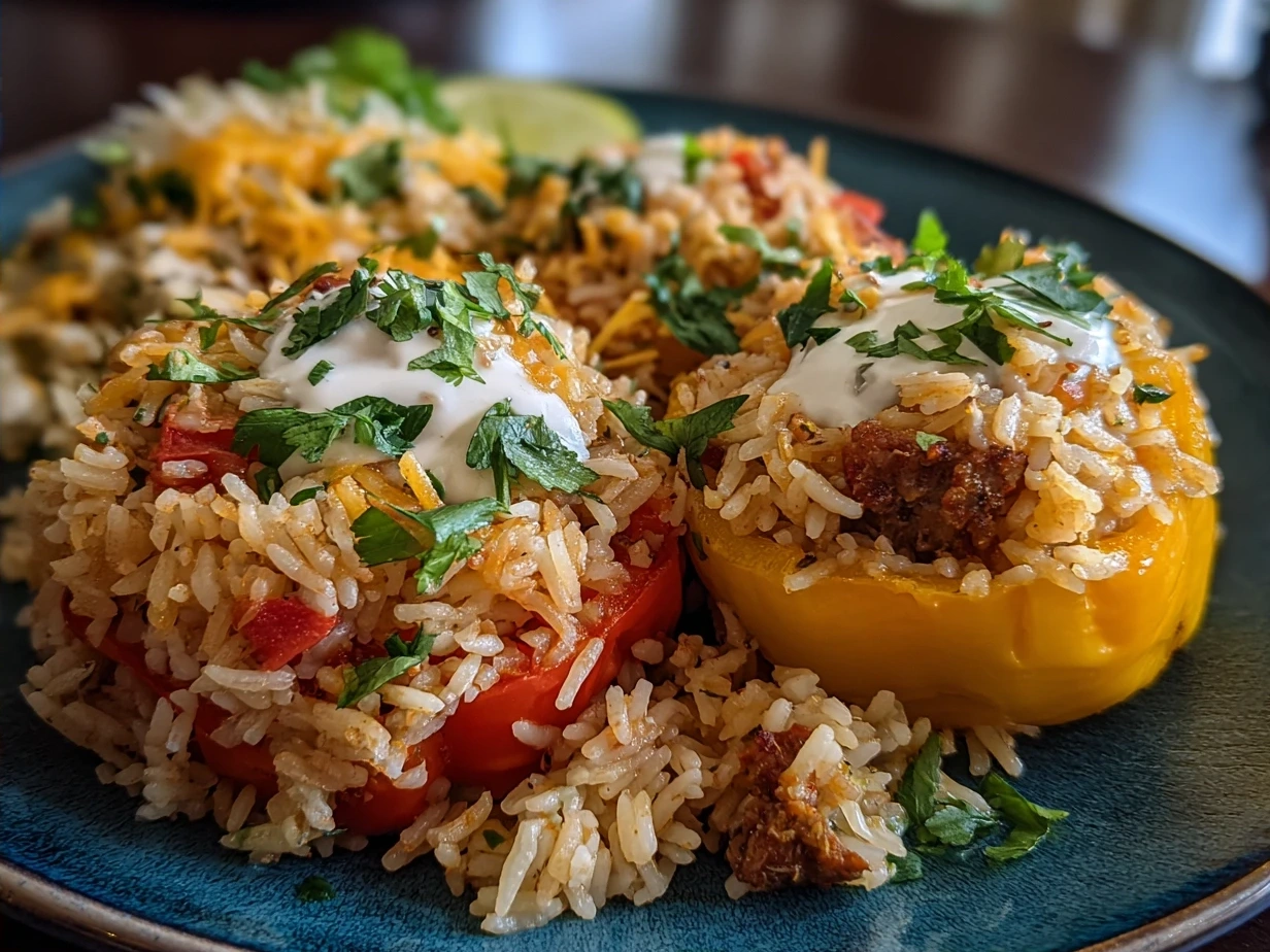 Delicious serving of Stuffed Bell Pepper Rice Boats garnished with fresh herbs