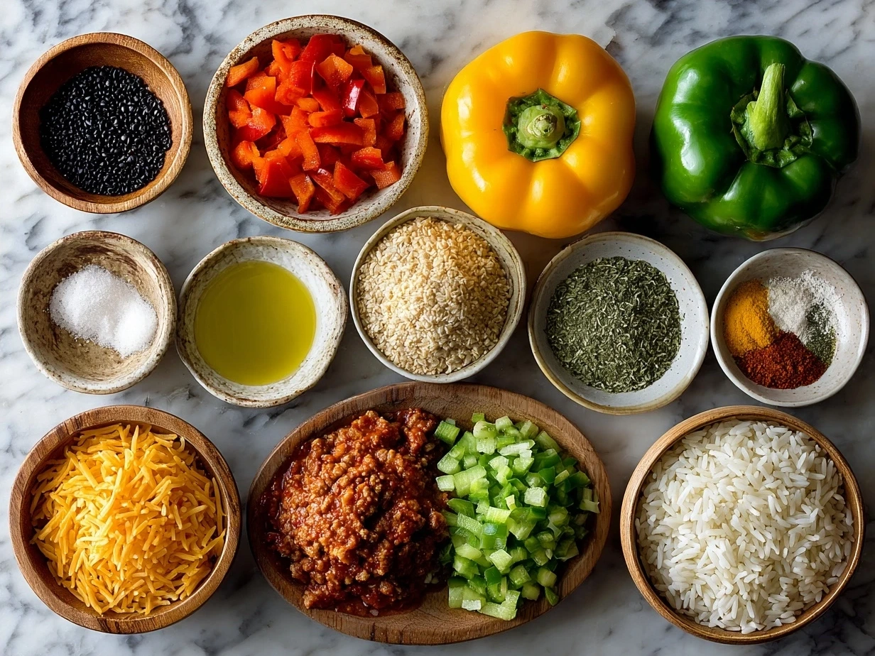 Ingredients for Stuffed Bell Pepper Rice Boats laid out on a kitchen counter