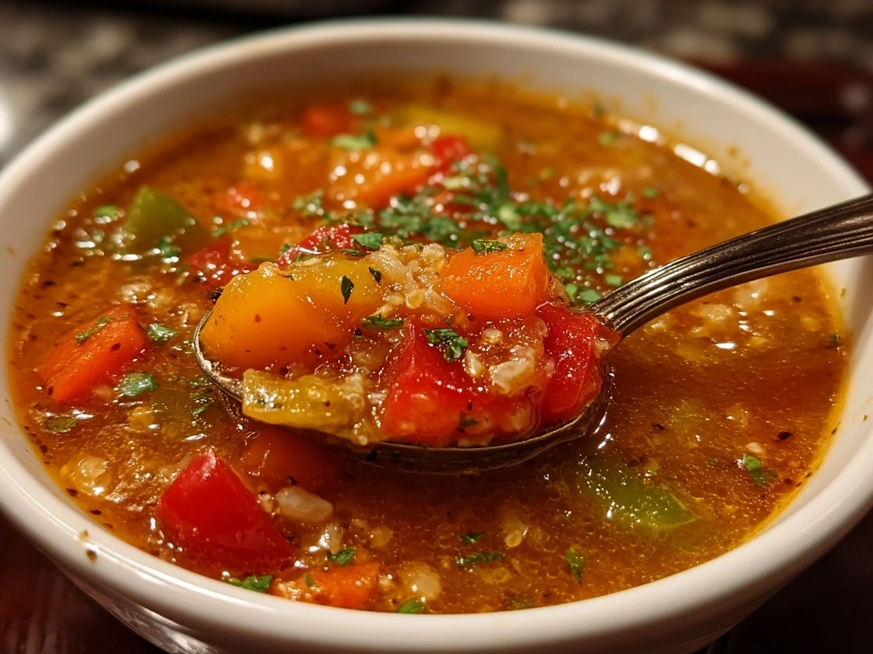 A bowl of hot Stuffed Pepper Soup garnished with shredded cheese and fresh herbs