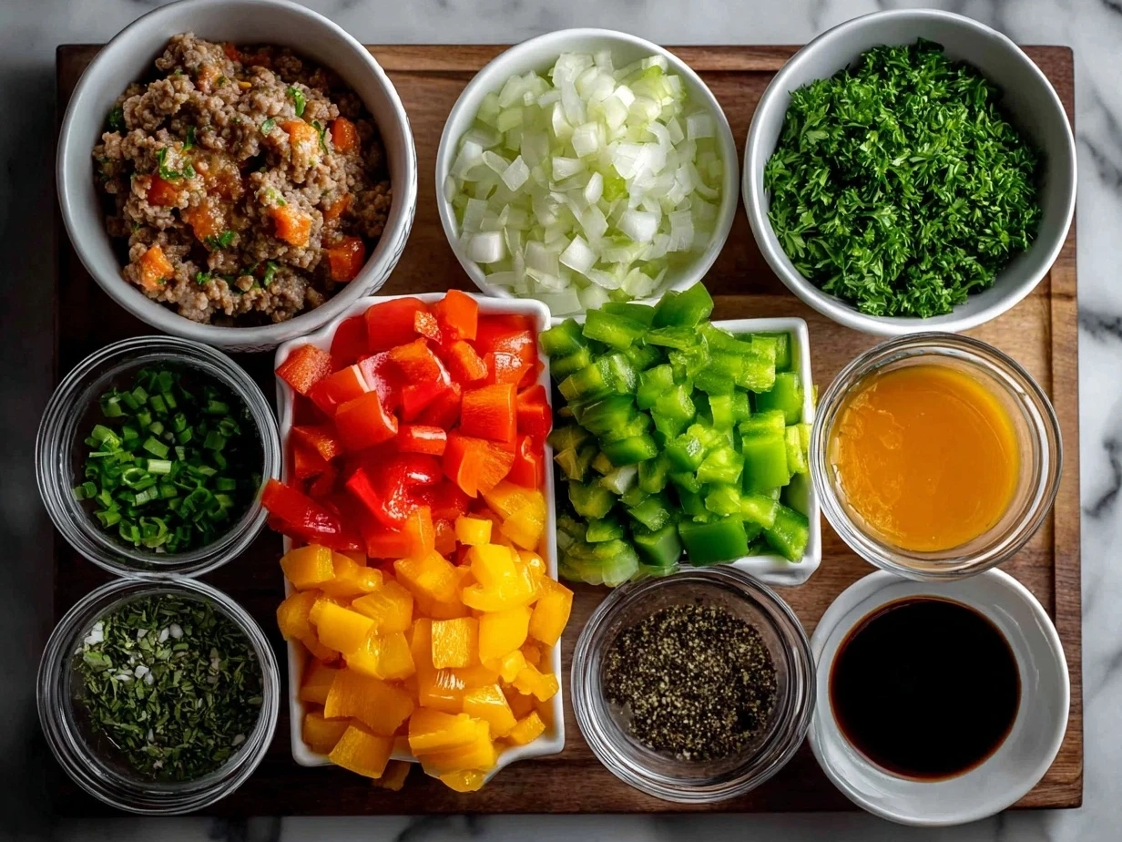Ingredients for Stuffed Pepper Soup including ground beef, onions, bell peppers, garlic, diced tomatoes, tomato sauce, spices, rice, and beef broth
