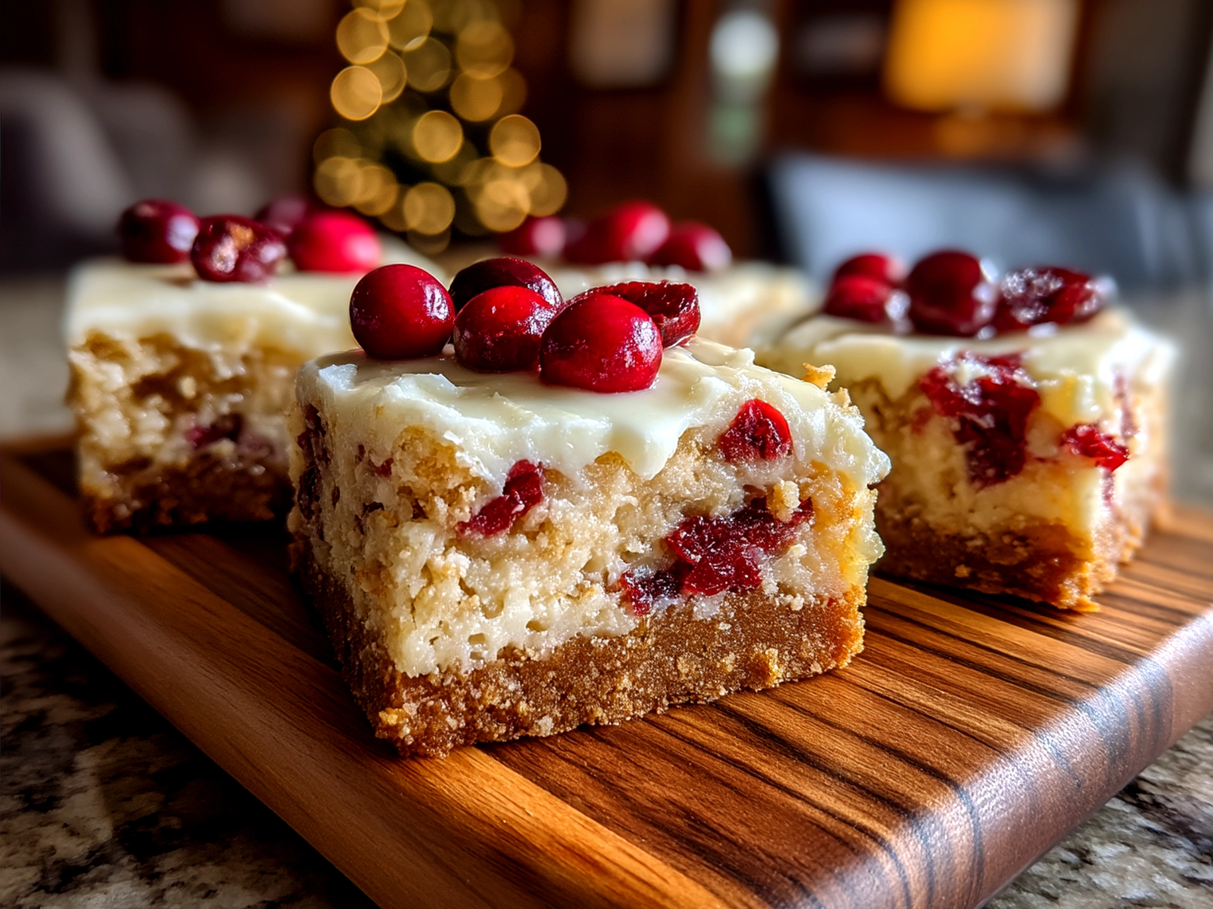 Plated Sweet Cranberry Bliss Bars served with tea and fresh cranberries