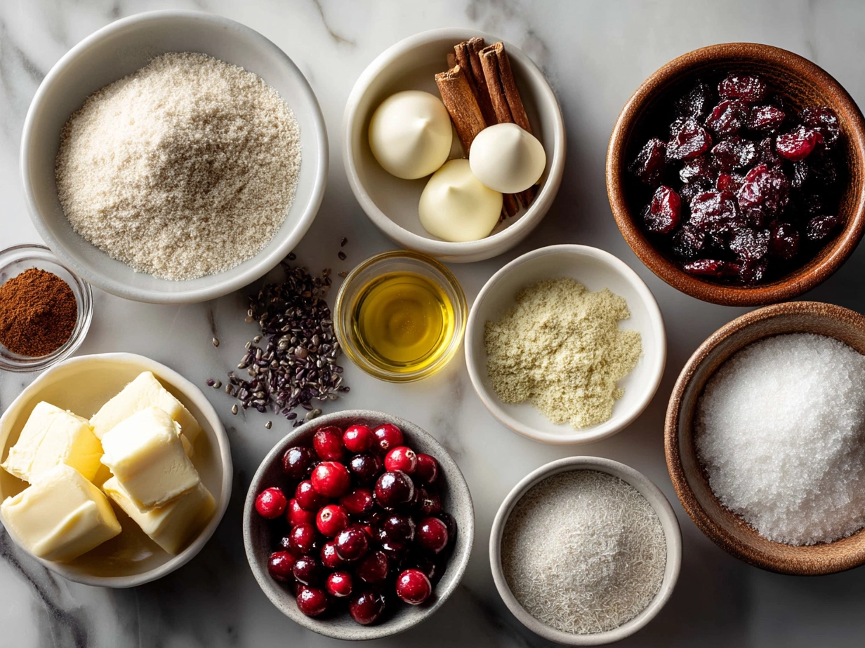 Ingredients for Sweet Cranberry Bliss Bars arranged on a kitchen counter