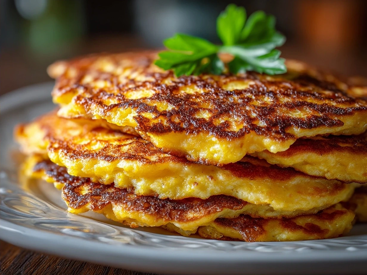 Golden brown sweet potato pancakes on a plate ready to serve