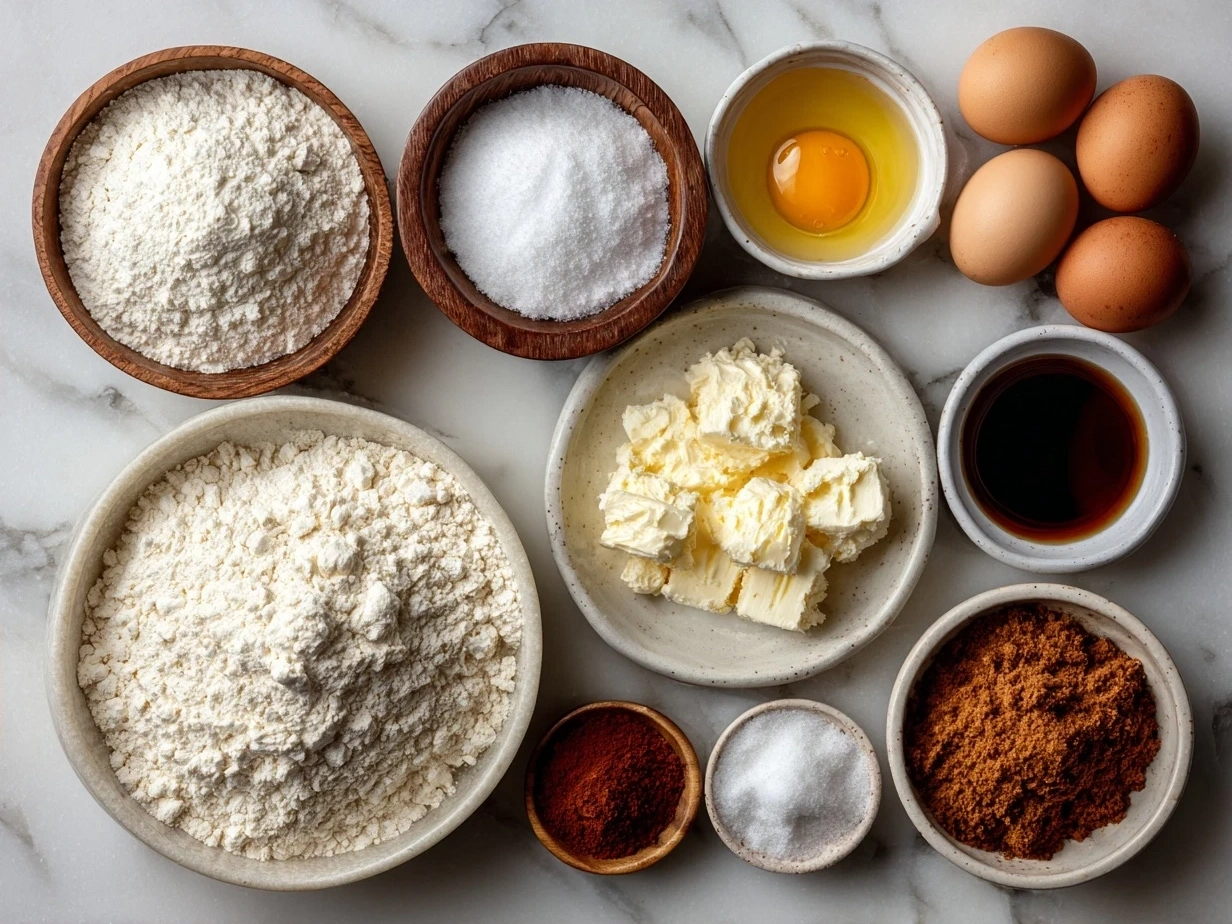 Ingredients for sweet potato pancakes laid out on a wooden table