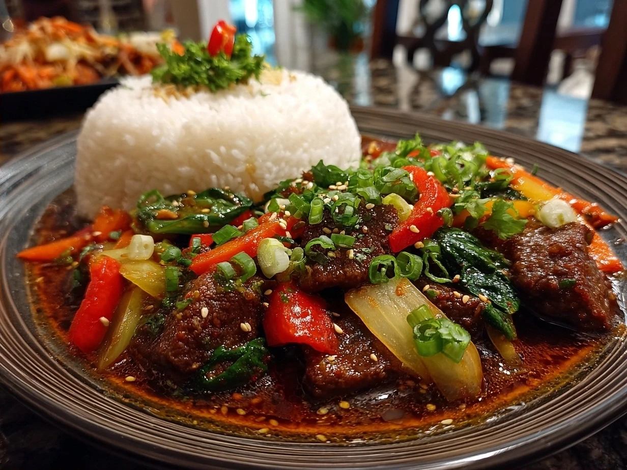 Final plated Szechuan Beef dish garnished with scallions and served with rice