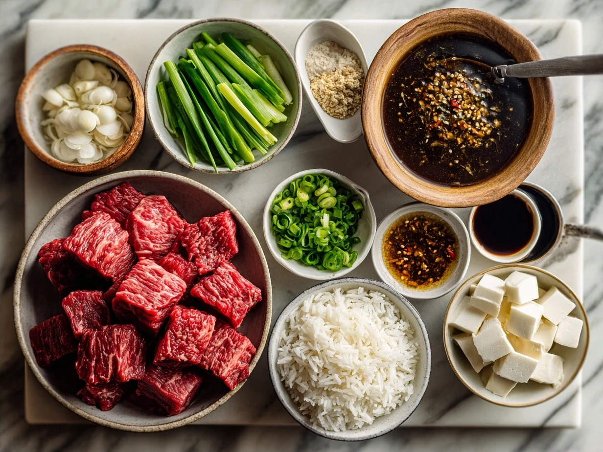 Ingredients for making flavorful Szechuan Beef with spices, garlic, ginger, beef, and sauces laid out on a kitchen counter