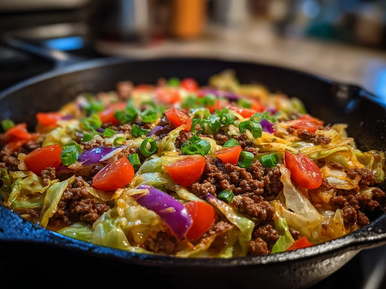 Colorful Tex Mex Cabbage Skillet served in a skillet garnished with fresh cilantro and lime