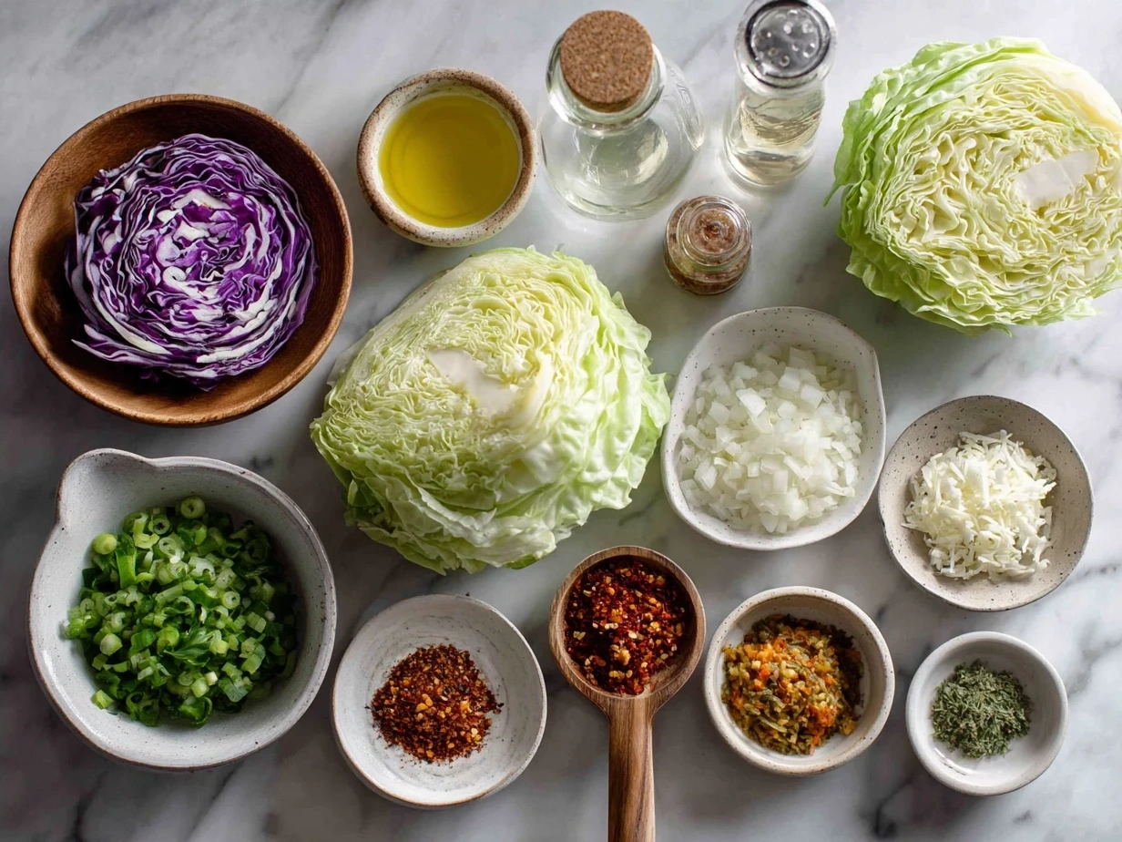 Ingredients for Tex Mex Cabbage Skillet laid out on a kitchen counter