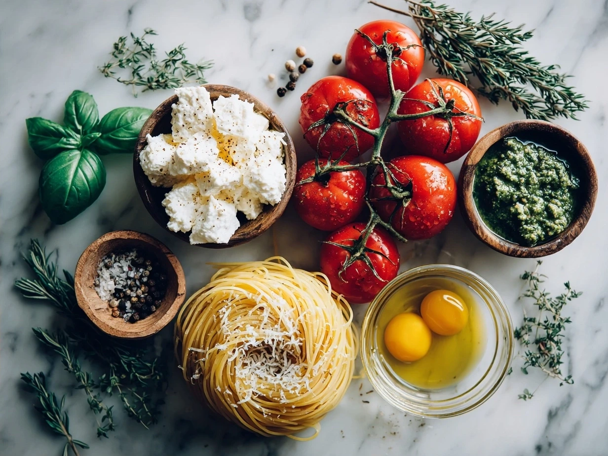 Ingredients for TikTok Baked Feta Pasta with Pesto including cherry tomatoes, feta cheese, olive oil, garlic, pesto, and pasta