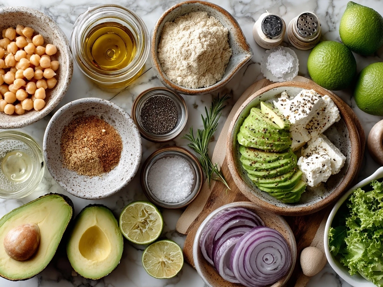 Top down view of ingredients for Chickpea Feta Avocado Salad on white marble surface