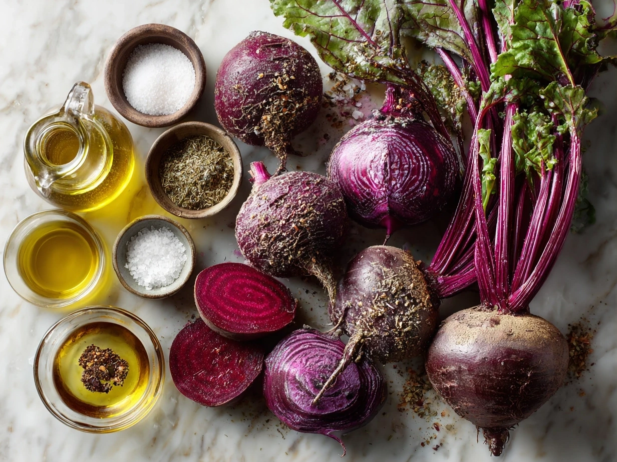 Top down view of raw ingredients for beet salad including beets, goat cheese, walnuts, olive oil, honey, Dijon mustard, balsamic vinegar, and arugula