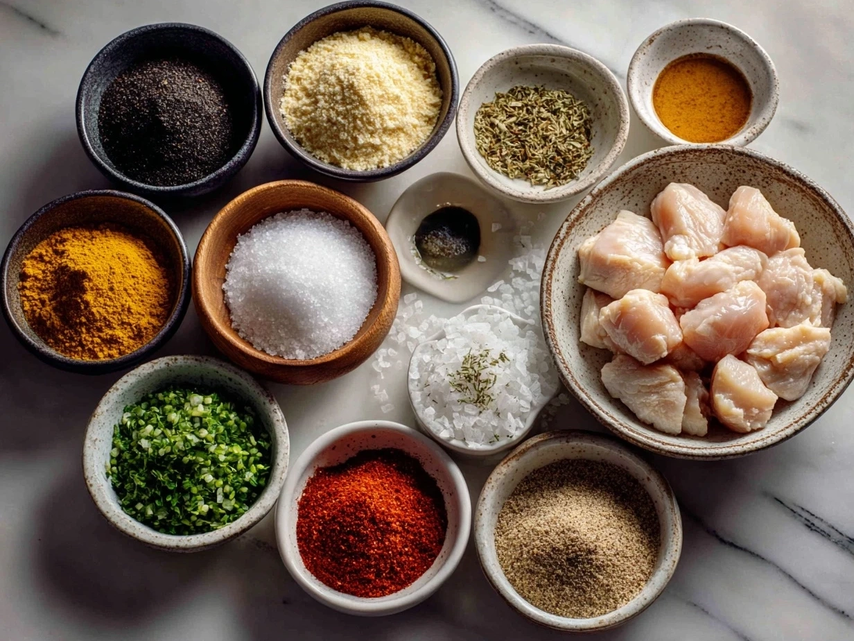 Top-down view of raw ingredients for Cajun Chicken Pasta laid out on a surface