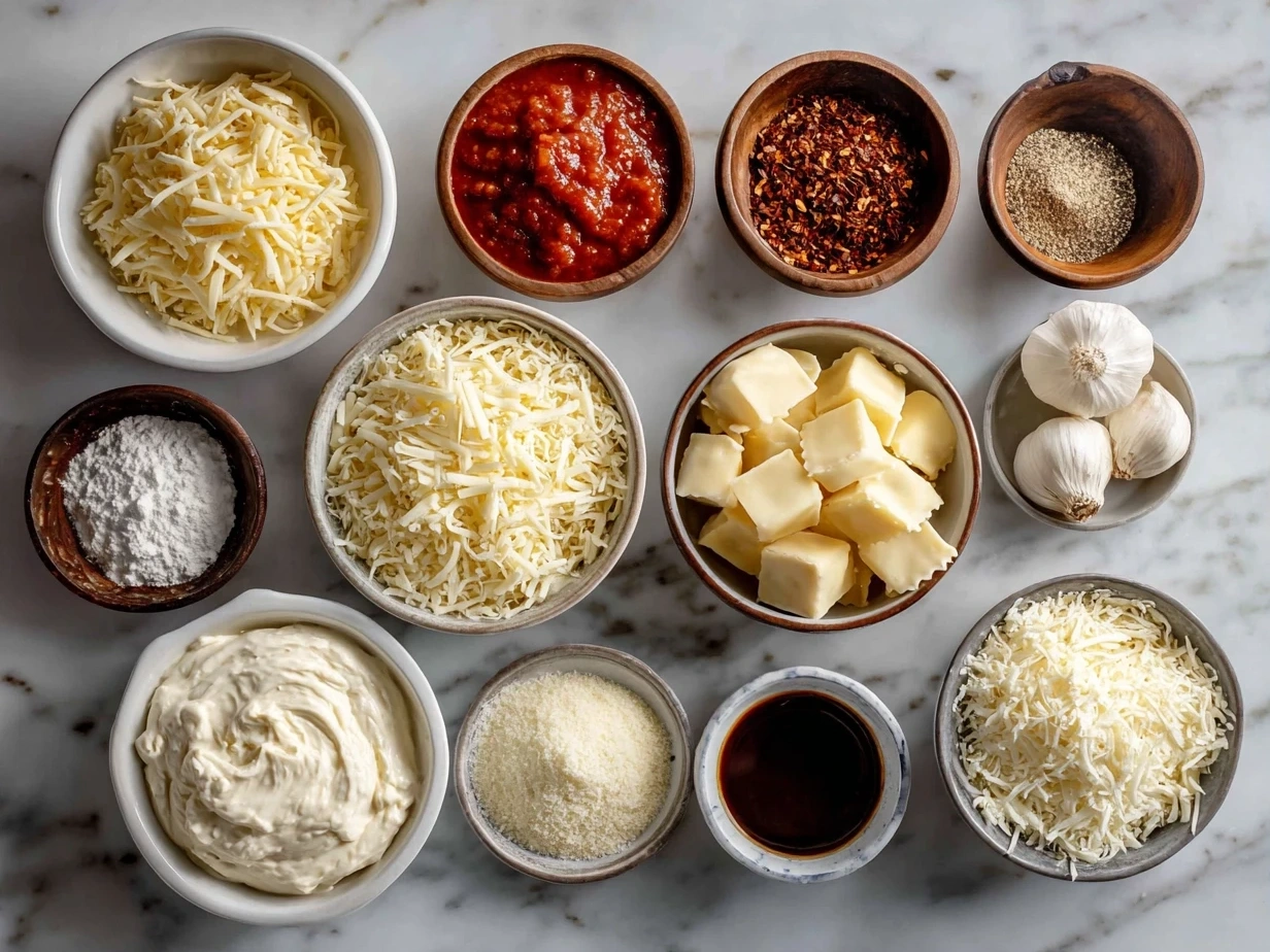 Top down view of raw ingredients for Cheese Tortellini in Creamy Marinara including cheese tortellini, tomatoes, garlic and cream