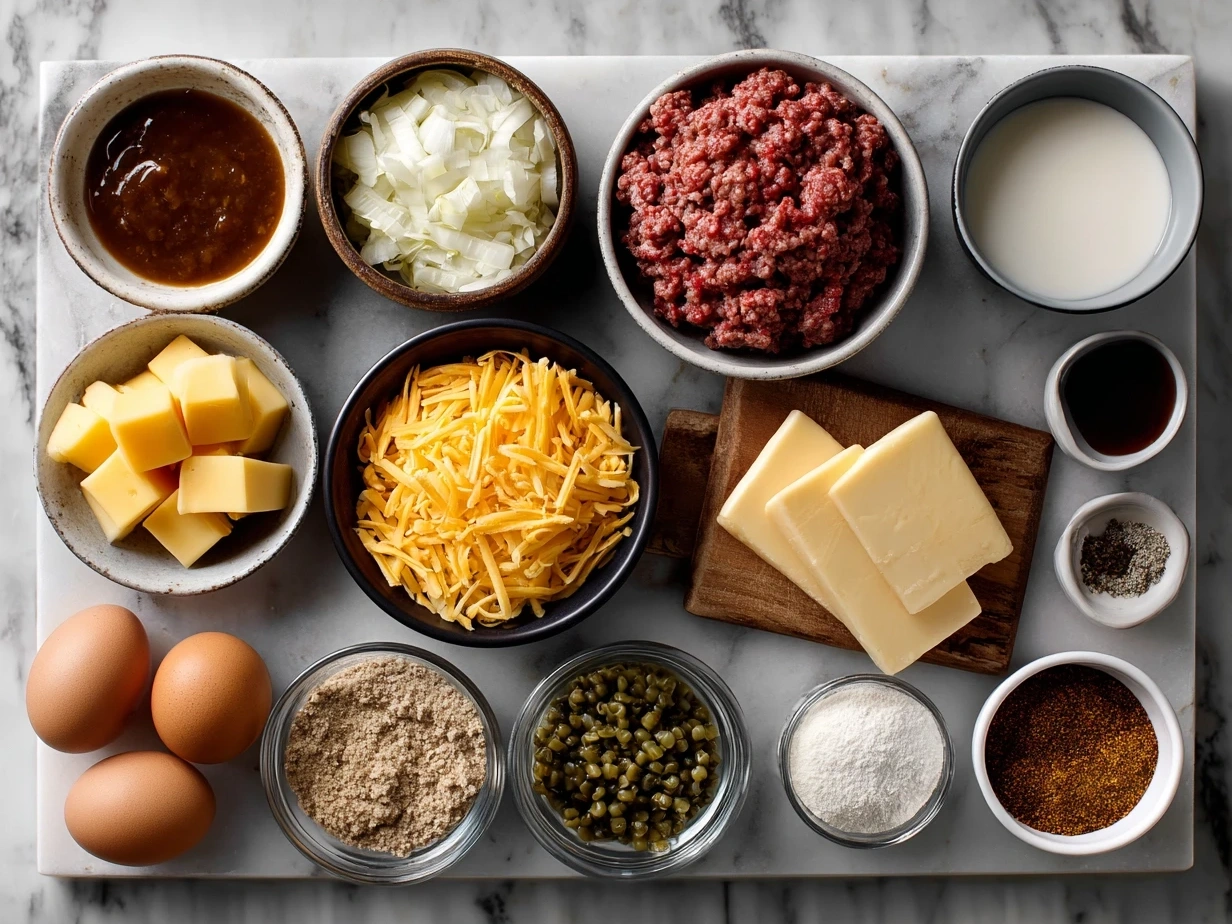 Top down view of raw ingredients for Cheeseburger Sliders on Hawaiian Rolls, including ground beef, Hawaiian slider buns, cheese slices, onions, pickles, and condiments