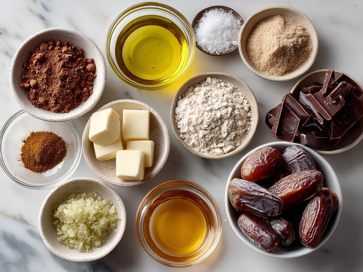 Top-down view of raw ingredients for chocolate date bark neatly arranged on marble counter including chocolate, dates, nuts, coconut oil, and salt