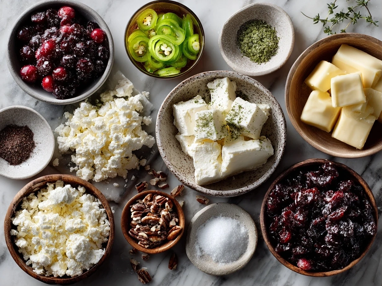 Top down view of raw ingredients including cream cheese, cranberries, jalapenos, sugar, and pecans for Cranberry Jalapeno Cream Cheese Dip