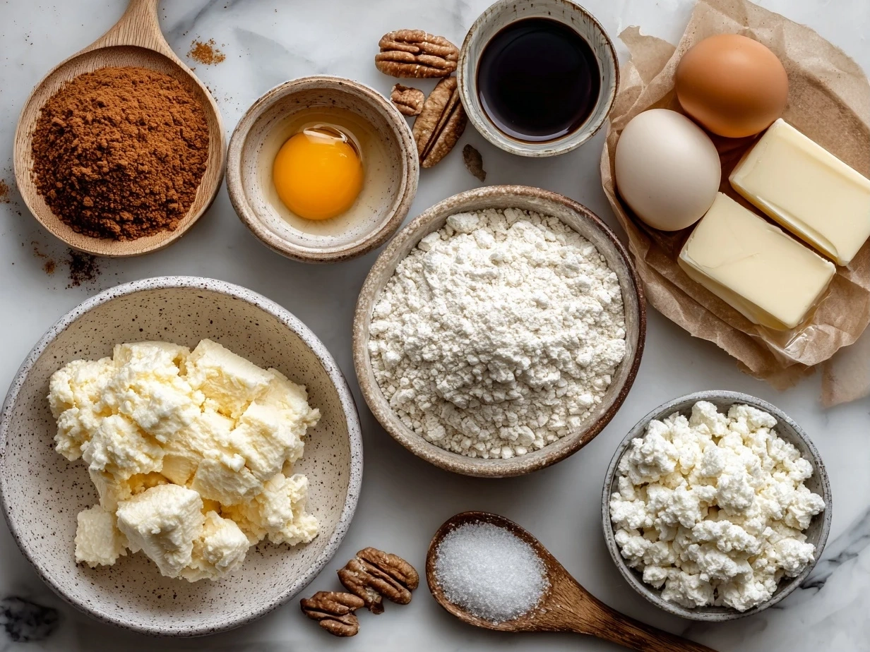 Top down view of raw ingredients for Cream Cheese Sausage Balls on a wooden background