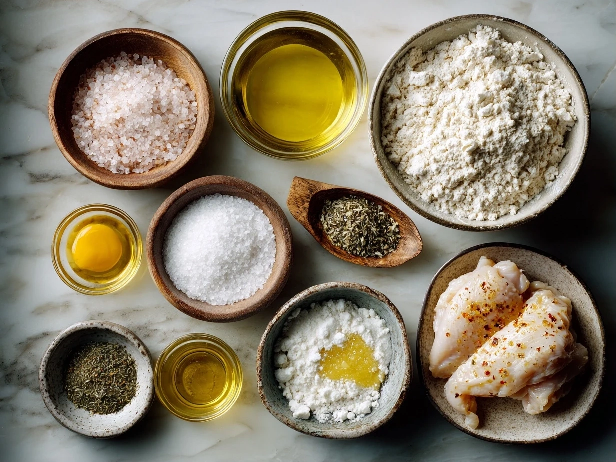 Top down view of raw ingredients for gluten free chicken tenders including chicken strips, gluten free breadcrumbs, flour, eggs, and spices