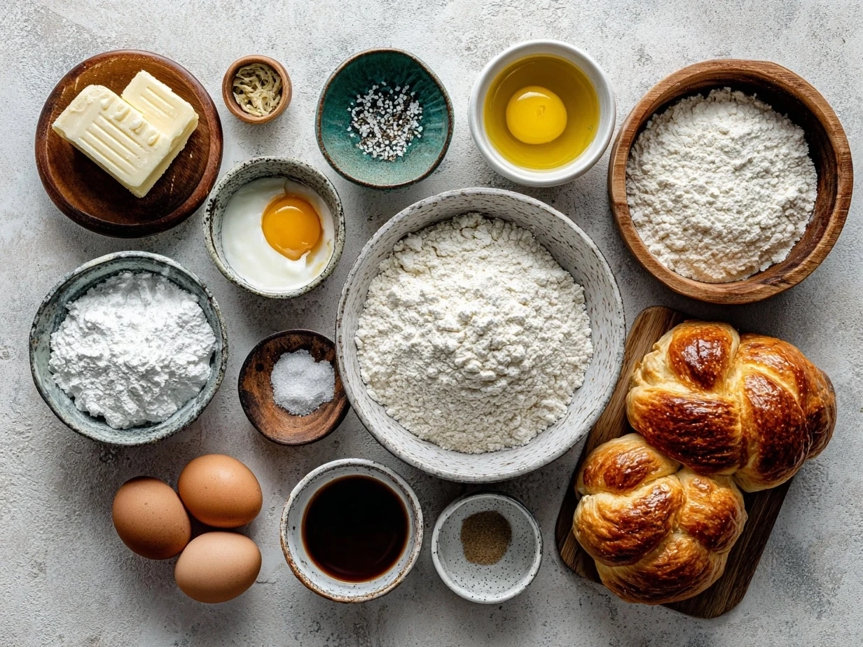 Raw ingredients for Japanese Milk Bread Rolls arranged neatly on a wooden surface including flour, eggs, milk, butter, and yeast.