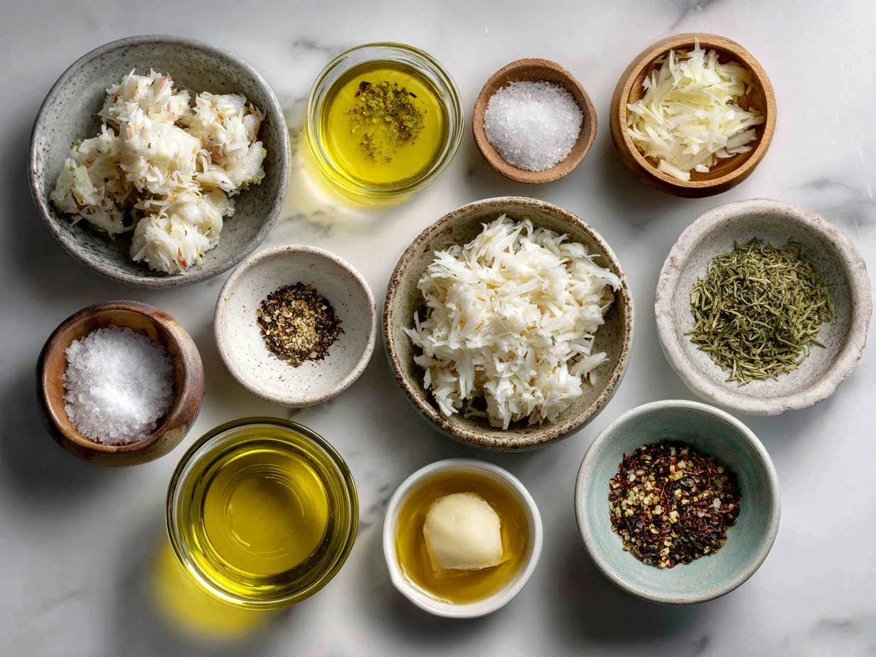 Ingredients for Maryland Crab Cakes Recipe arranged on marble surface