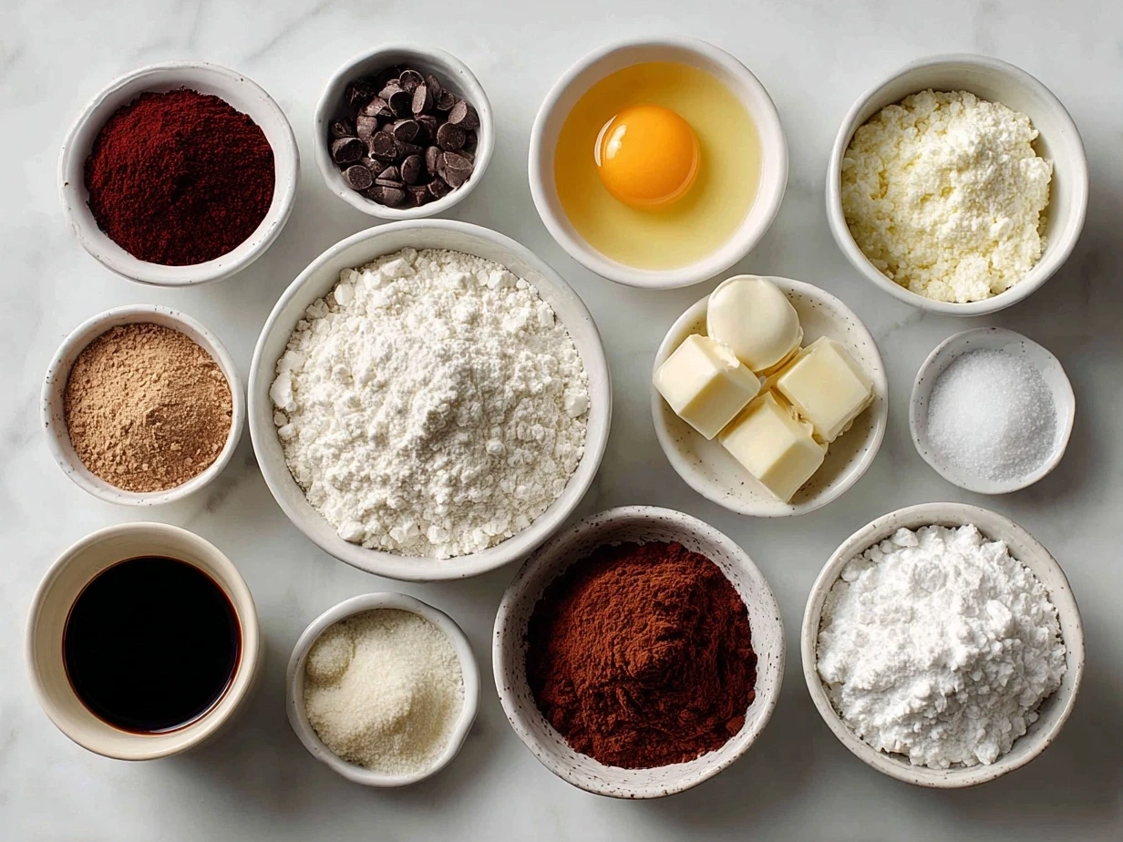 Top down view of raw ingredients for No-Bake Red Velvet Snowball Truffles including cream cheese, cocoa powder, white chocolate chips, and red velvet cake crumbs