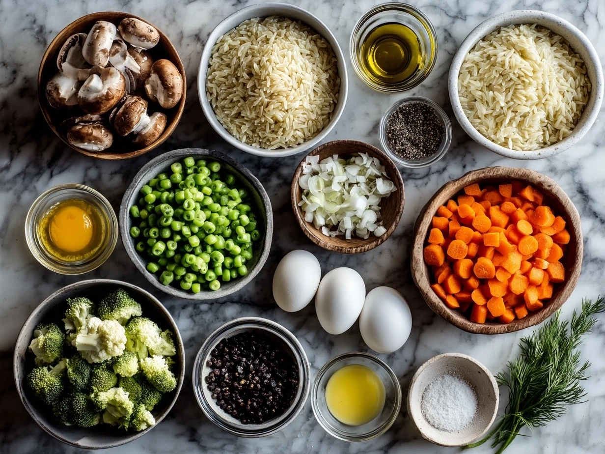 Top down view of raw ingredients for One-Pot Veggie Cream Orzo including orzo pasta, zucchini, peas, garlic, onion, olive oil, vegetable broth, cream, and Parmesan cheese