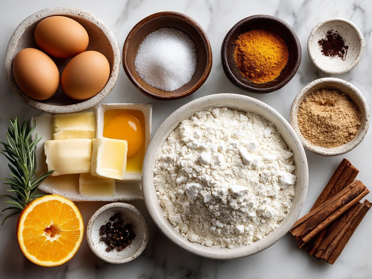 Raw ingredients for Orange Clove Cookies arranged on a marble surface