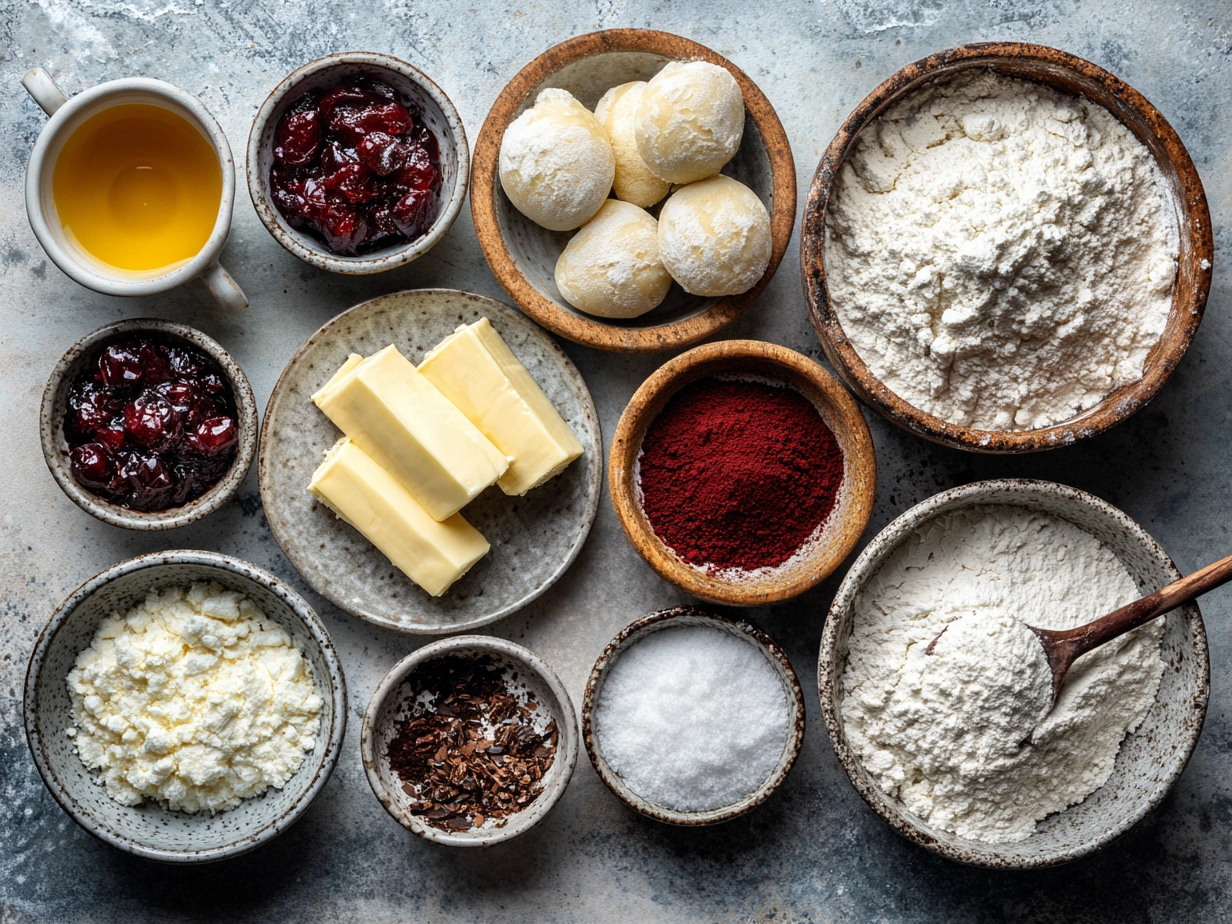 Top down view of raw ingredients for Red Velvet Cream Cheese Bundt Cake organized on a table