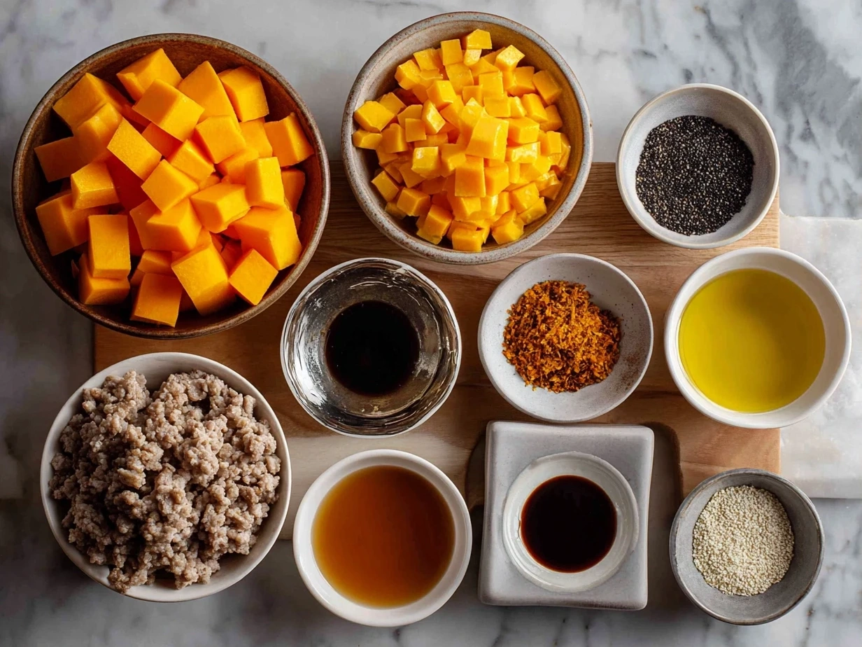 Raw ingredients for roasted butternut squash with ground turkey: cubed squash, ground turkey, garlic, onions, spices, and olive oil