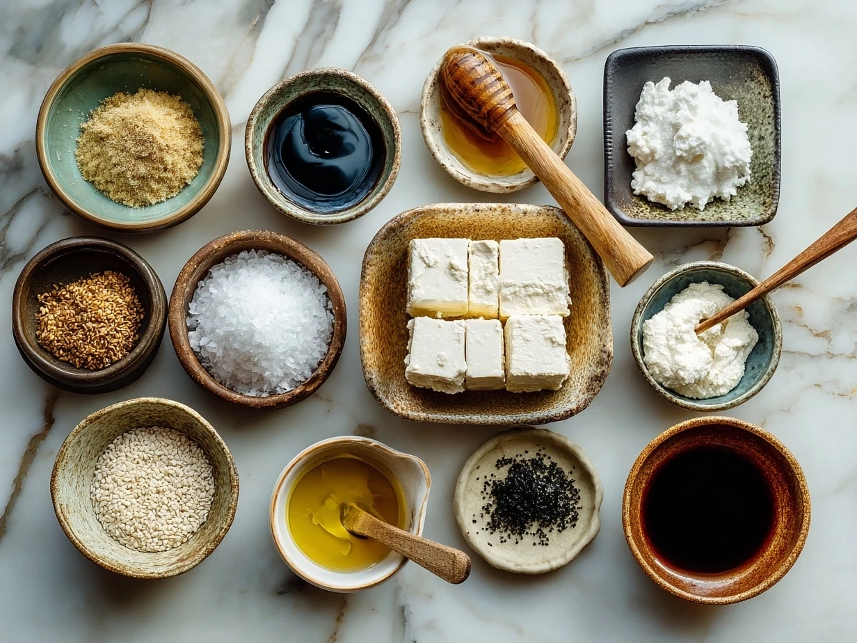 Top down raw ingredients for sticky tofu bowls on marble