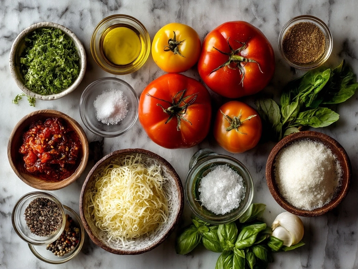 Top-down view of raw ingredients for tomato basil noodle soup on marble kitchen counter.