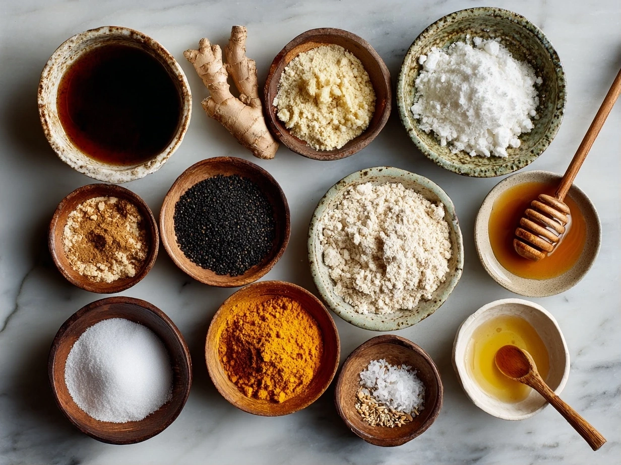 Top down raw ingredients for Turmeric Ginger Chicken Noodle Soup on marble