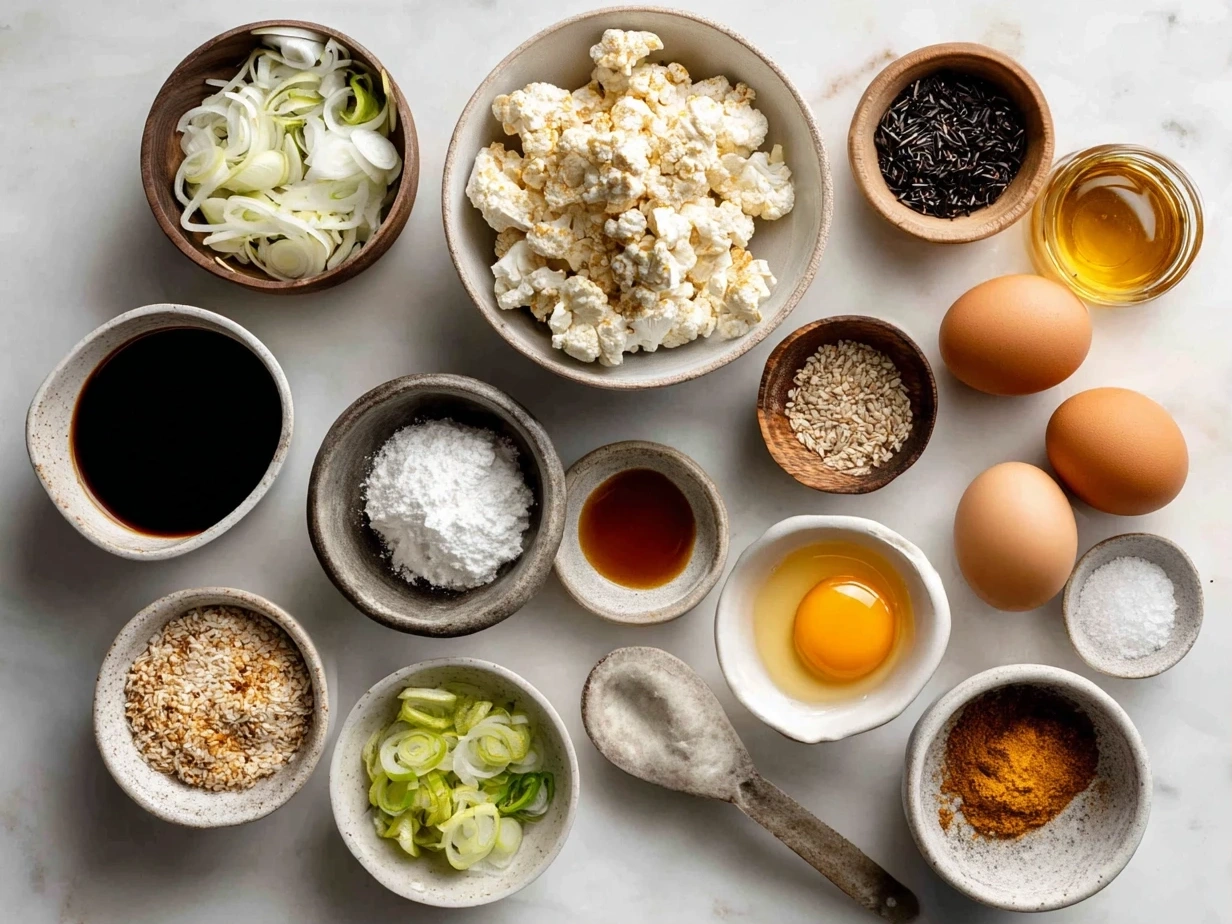 Top down view of raw ingredients for Vegan Burrito Wraps including tortillas, black beans, rice, cauliflower, peppers, and avocado