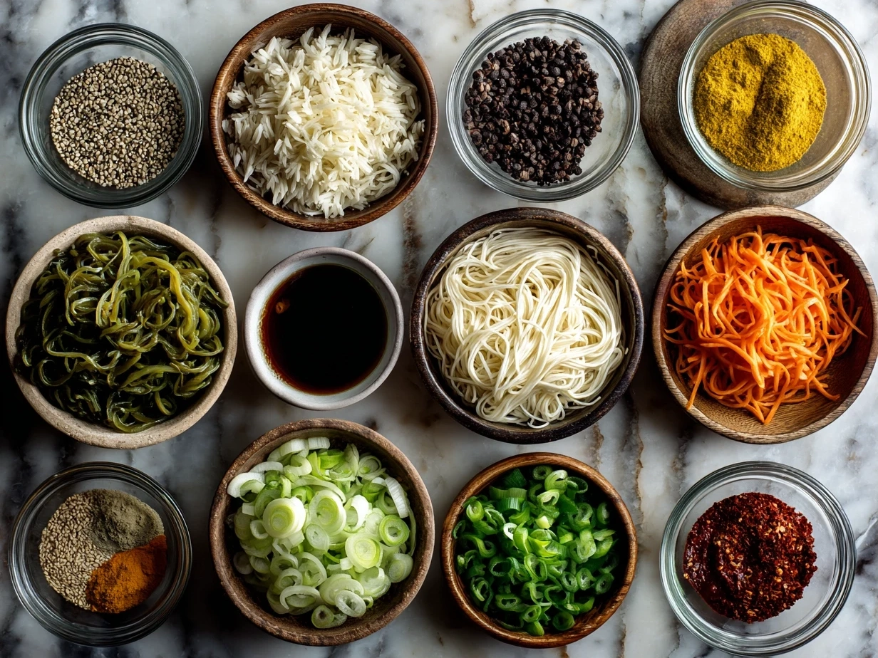 Top-down view of raw ingredients for Vegan Teriyaki Noodle Bowl including tofu, broccoli, bell pepper, garlic, and noodles