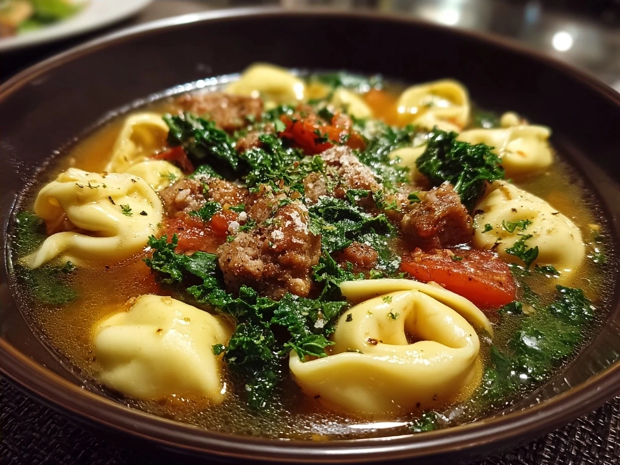 Bowl of creamy Tortellini Soup with Sausage and Kale ready to eat