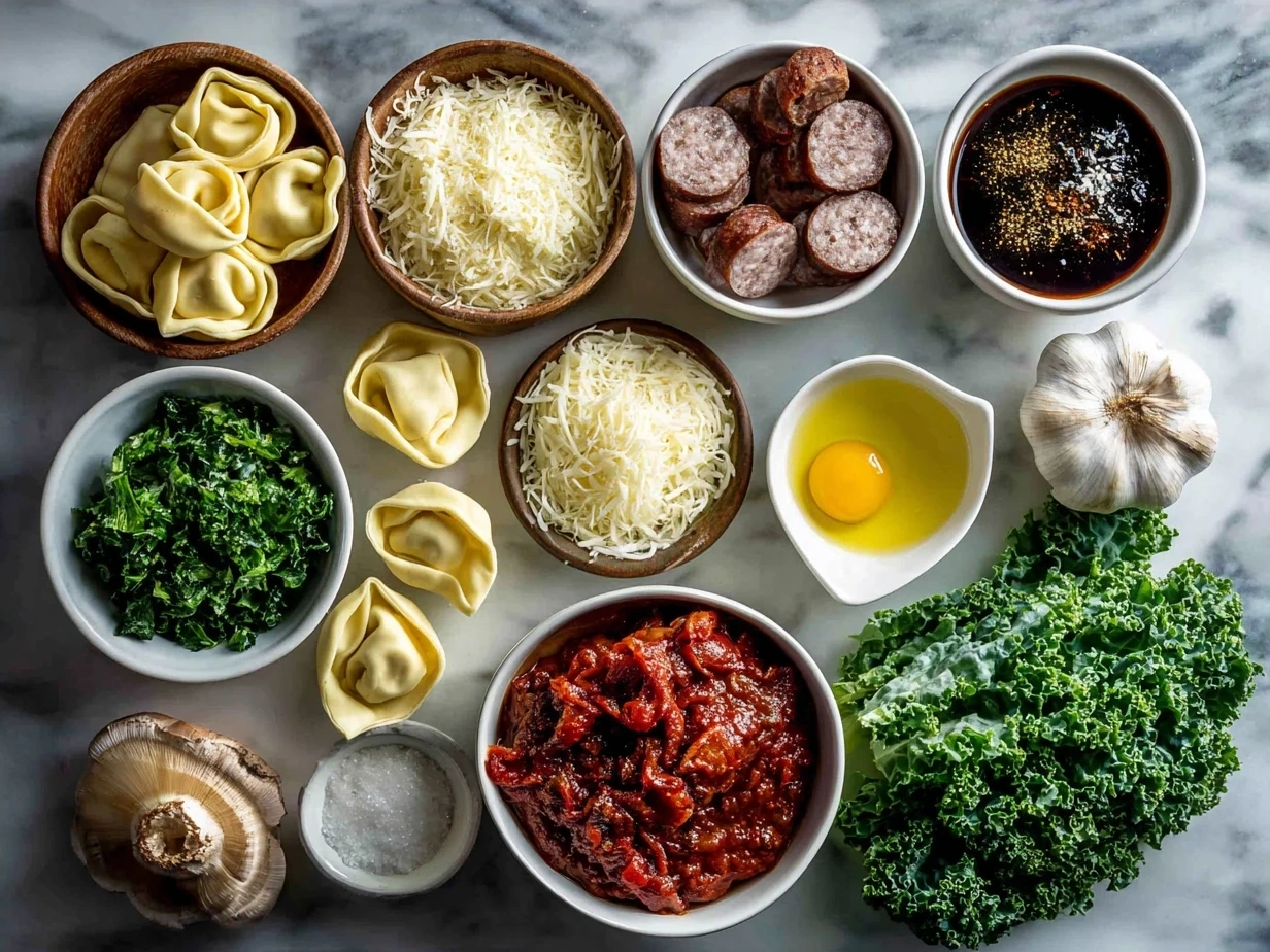 Ingredients laid out for Tortellini Soup with Sausage and Kale