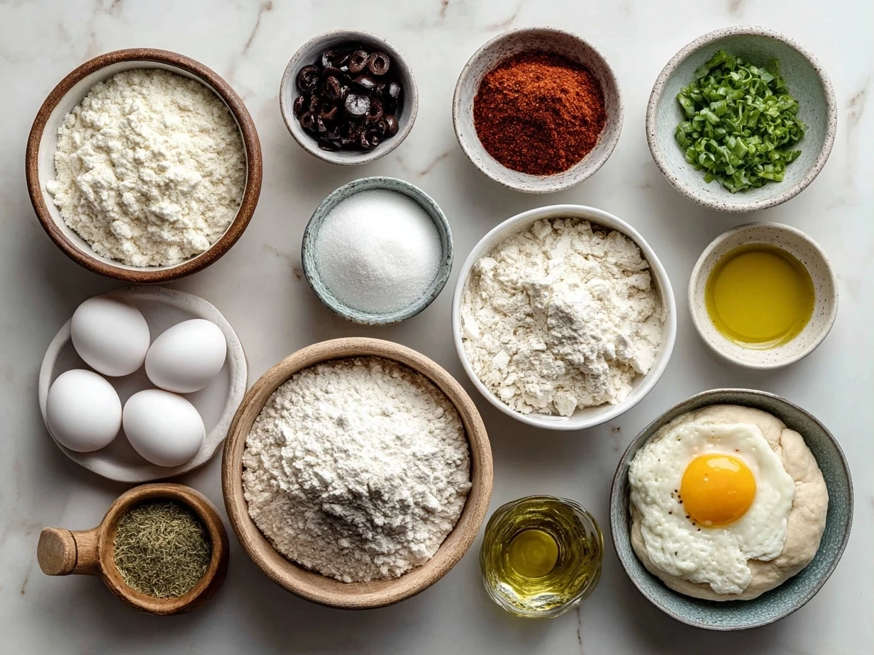 Ingredients for Touchdown Calzones including flour, cheese, pepperoni, sausage, marinara, and seasonings
