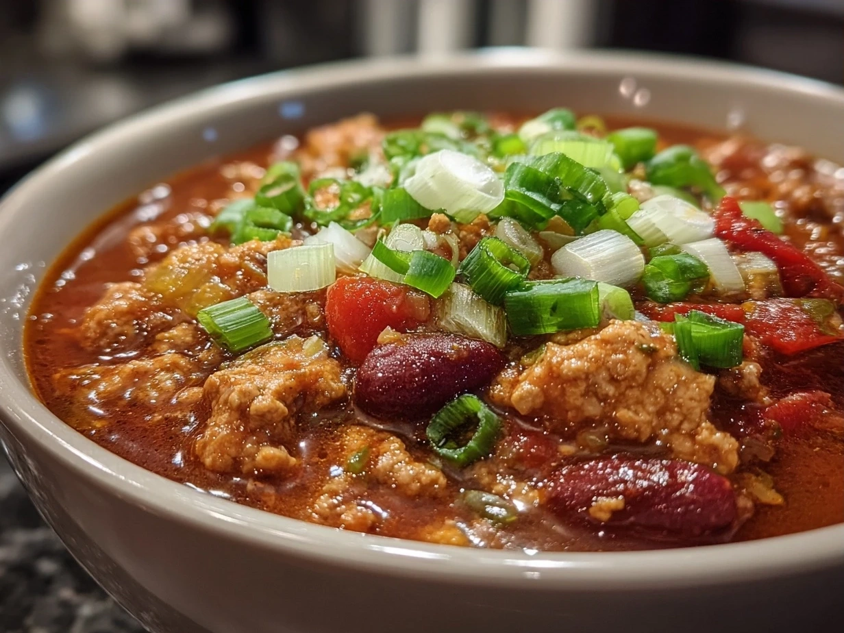 Serving bowl filled with turkey burger chili topped with cheese, sour cream, and green onions